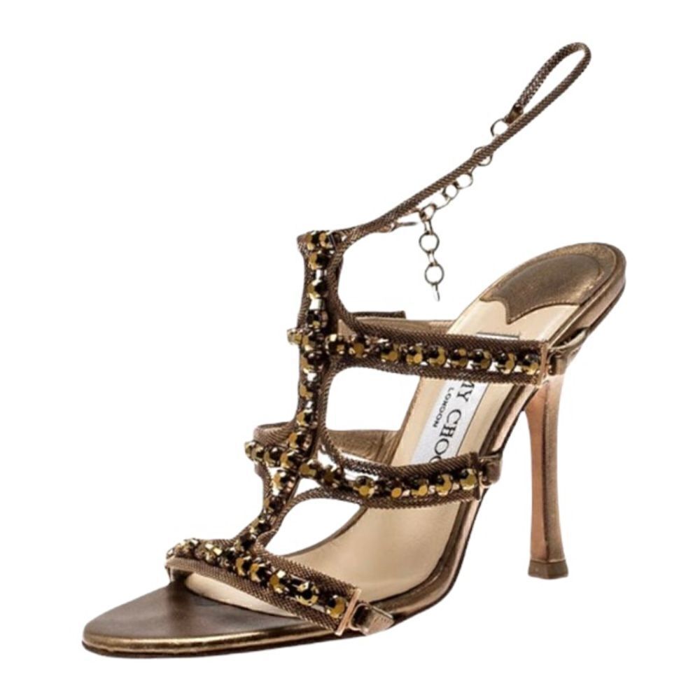 Jimmy Choo Gold Metallic Leather And Jewel Embellished Strappy Sandals